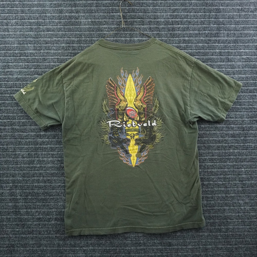 Rietveld Graphic T-Shirt Mens Large Olive Green Vintage Y2K Indo Tour Surf Tee